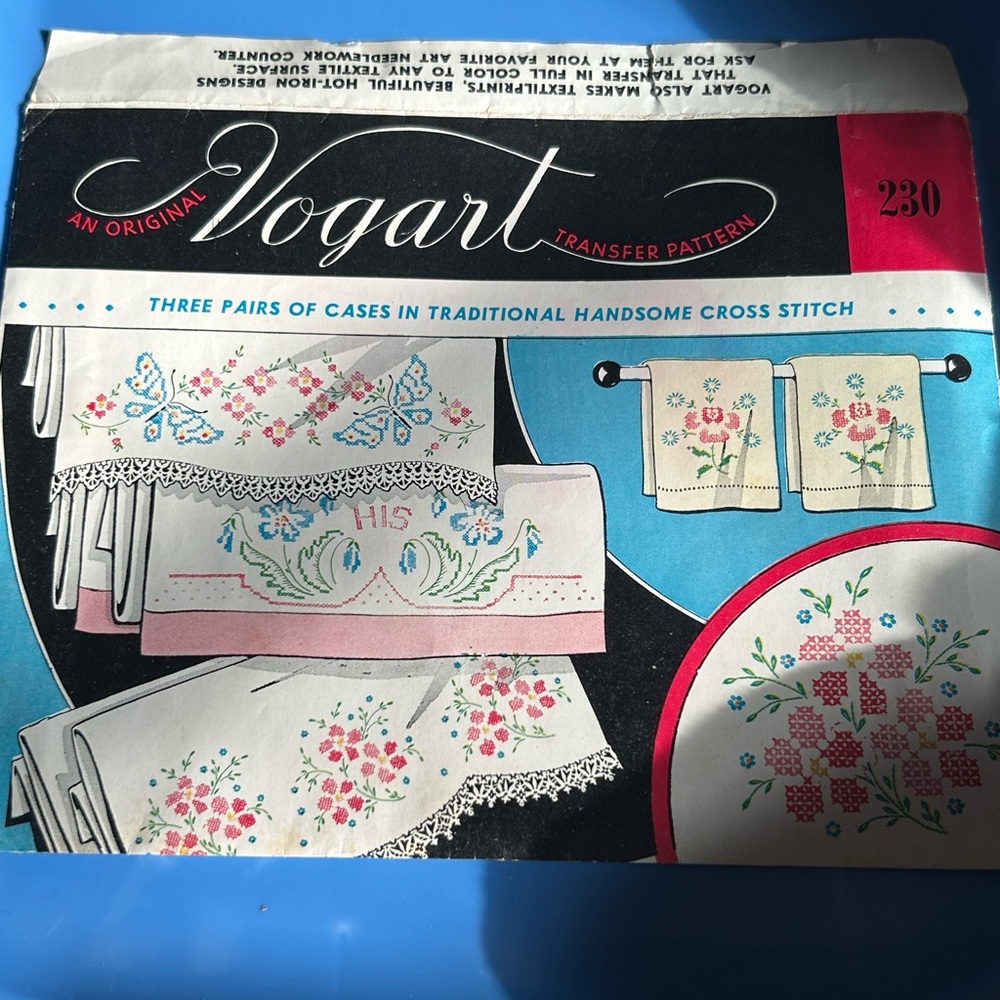 Vintage Vogart Transfer Pattern 230. Three Pairs Cases Traditional Cross Stitch